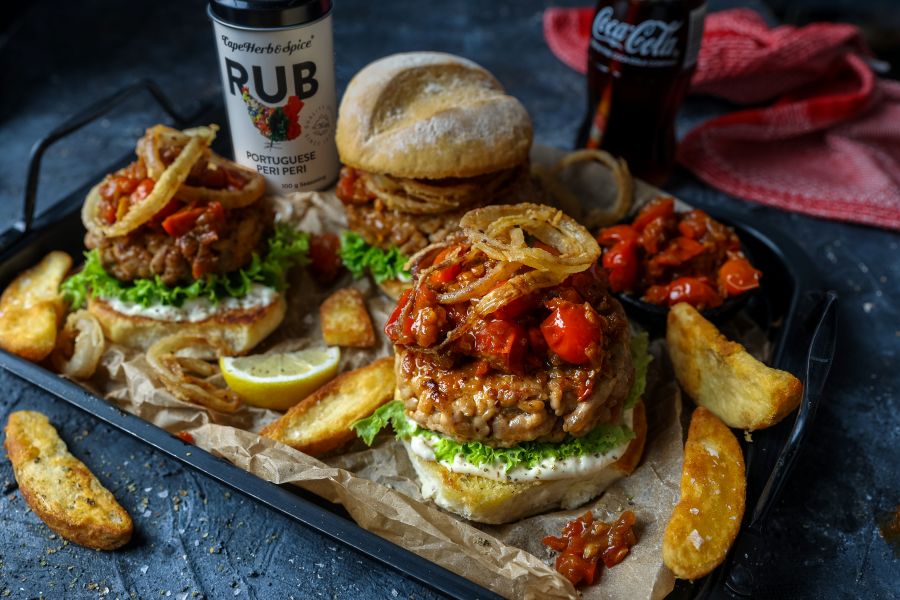 Portuguese Peri Peri Pork Burger with Rustic Tomato & Pepper Relish